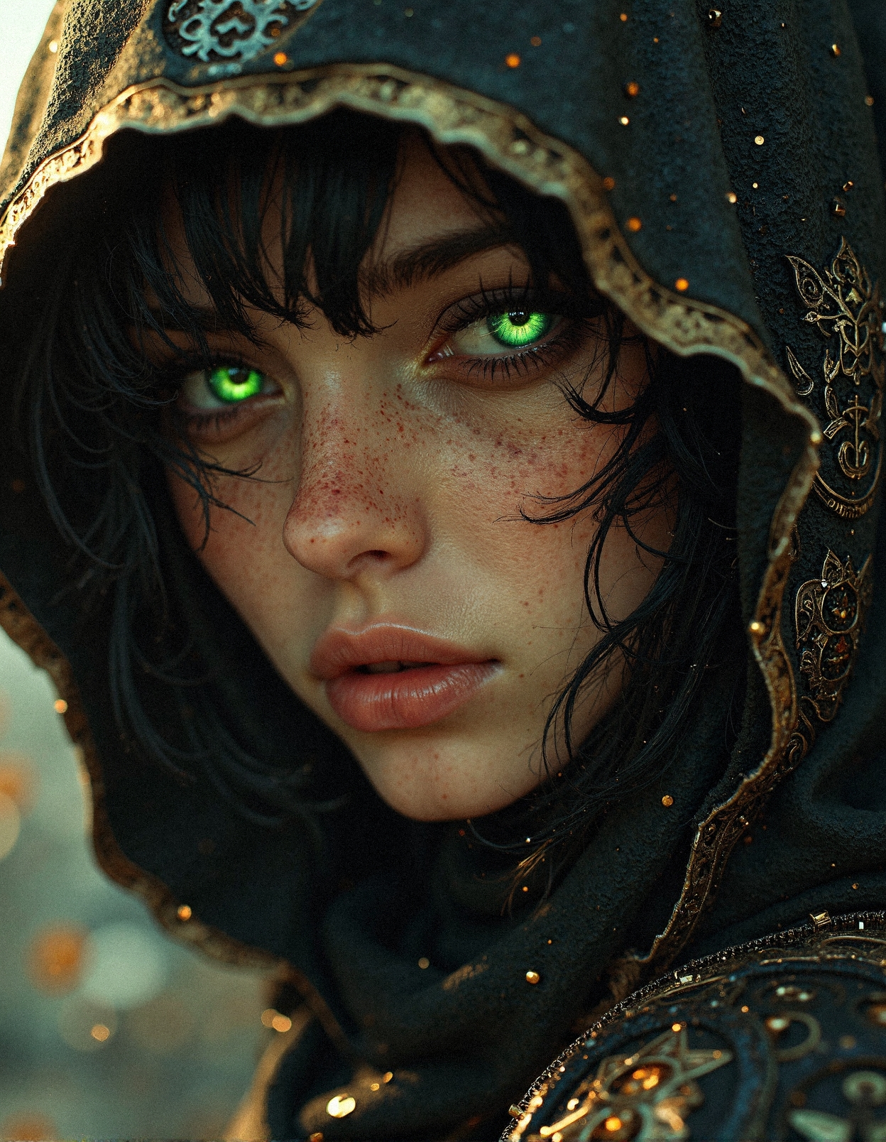 A mesmerizing close-up of a mysterious rogue, their piercing emerald-green eyes glowing with ethereal intensity, framed by dark, slightly messy strands of hair. The face is partially concealed by an intricately designed black hooded cloak, adorned with cryptic metallic patterns that shimmer under fragmented golden light. Dramatic shadows dance across the character's delicate yet intense features, revealing intricate skin textures with subtle scars and hidden runes. The fabric covering part of their face is woven with intricate symbols, exuding an ancient and enigmatic aura. The light source casts a breathtaking contrast, highlighting the mystique of their presence. Hyper-detailed rendering with cinematic lighting, ultra-realistic reflections on metallic elements, dynamic composition, and photorealistic facial anatomy. A blend of cyberpunk mysticism and fantasy realism with a focus on hyper-stylized aesthetics and immersive atmosphere.
 <lora:MoriiMee_Gothic_Niji_Style_FLUX:0.5> <lora:realism_lora_comfy_flux_converted:0.5>
