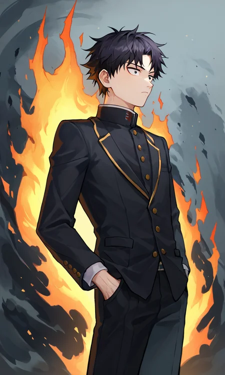 score_9, score_8_up, score_7_up, score_6_up, score_5_up, score_4_up, male school uniform, 1boy, male focus, black hair, solo, school uniform, gakuran, hand in pocket, pants, black pants, long sleeves, jacket, short hair, black jacket, cowboy shot, hand up, buttons, standing, score_9, score_8_up, score_7_up, score_6_up, score_5_up, score_4_up, male school uniform, 1boy, male focus, black hair, solo, school uniform, gakuran, hand in pocket, pants, black pants, long sleeves, jacket, short hair, black jacket, cowboy shot, hand up, buttons, standing, composition, beautiful detailed, sharp detail, directed, burning background, expressive, bright, artistic, color, intricate, elegant, perfect, illuminated, highly saturated, cinematic, light shining, rich deep colors, winning grand complex, extremely coherent, stunning, epic, surreal, fantastic, creative, vibrant, amazing, symmetry