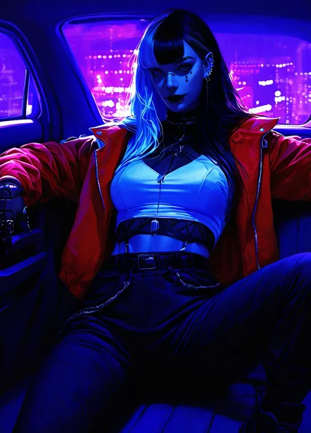 realistic,
masterpiece, best quality, amazing quality, highres, absurdres, very aesthetic, very awa,expert shading, ultra detailed, UHD, 8K,
BREAK,
(N3onSp3ctra:1.1),realism, 1girl, shoulder length hair, multi color hair, orange soft diffused lighting, looking at viewer, piercing, jacket, solo, jewelry, car interior, long bangs, asymmetric bangs, black lips, white top, red jacket, car backseat, relaxed pose, confident pose, leaning back, one leg up, cyberpunk, realism <lora:NeonSpectra-000009:0.85>