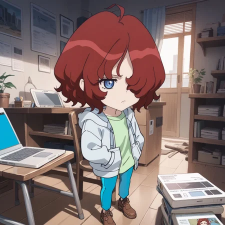 score_max, (score_9, score_8_up, score_7_up:1.2), score_6_up, official art, source_anime, anime screencap,
, masterpiece, absurdres, high detail, 8k,
indoors, concrete room, folding chair, laptop,
standing, jitome, frown, bored,
(chibi:1.4), solo, ami, gray jacket, open jacket, hooded jacket. sleeves past wrists, green shirt, blue pants, brown shoes
<lora:XL_Pony_anime-lupin5-ami-t2:1.3>