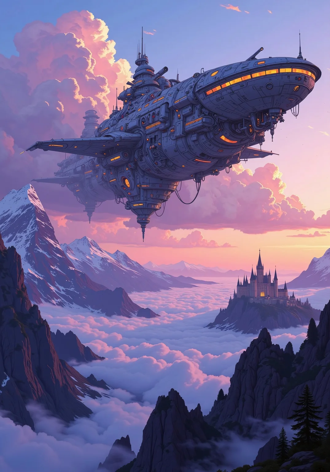 A breathtakingly intricate massive spaceship hovers majestically in the twilight sky above a vast mountainous valley. Its design is a fusion of advanced futuristic technology and ornate, almost cathedral-like detailing, with glowing energy lines tracing elegant patterns across its immense hull. Below, a misty valley stretches far and wide, with towering peaks bathed in the soft hues of twilight—deep purples, blues, and warm oranges blending seamlessly. In the distance, a grand medieval castle stands atop a rocky outcrop, its spires silhouetted against the fading light. Wisps of clouds drift around the spaceship, illuminated by its soft ambient glow, casting ethereal shadows. The atmosphere is serene yet awe-inspiring, with a mystical, almost dreamlike quality. The composition is cinematic, with a sense of scale that emphasizes the sheer grandeur of the ship against the timeless landscape. High detail, ultra-textured, 8K resolution, atmospheric depth, concept art, mysterious and adventurous tone. anime, cyberpunk, DB4RZ, DB4RZ style painting, in the style of cksc,