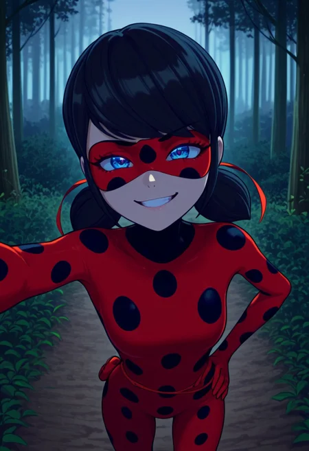bright colors, detailed background,, volumetric light, vivid colours, standing,
looking at viewer, outdoors, overcast, dark, forest, vines, ponypositive, solo, solo focus, open hands on hip, single eyebrow lifted, smirk,
Miraculous, red suit with black spots all over her body, red mask covering her eyes, shoulder-length black hair with blue reflections tied back in pigtails, bright bluebell eyes,
Smooth Quality,
best quality, hyper detailed, ambient stylish expressive lighting, absolutely eye-catching masterpiece, body extremely close-up view, (facing viewer), forward, face extremely close-up shot, chest focus, selfie,