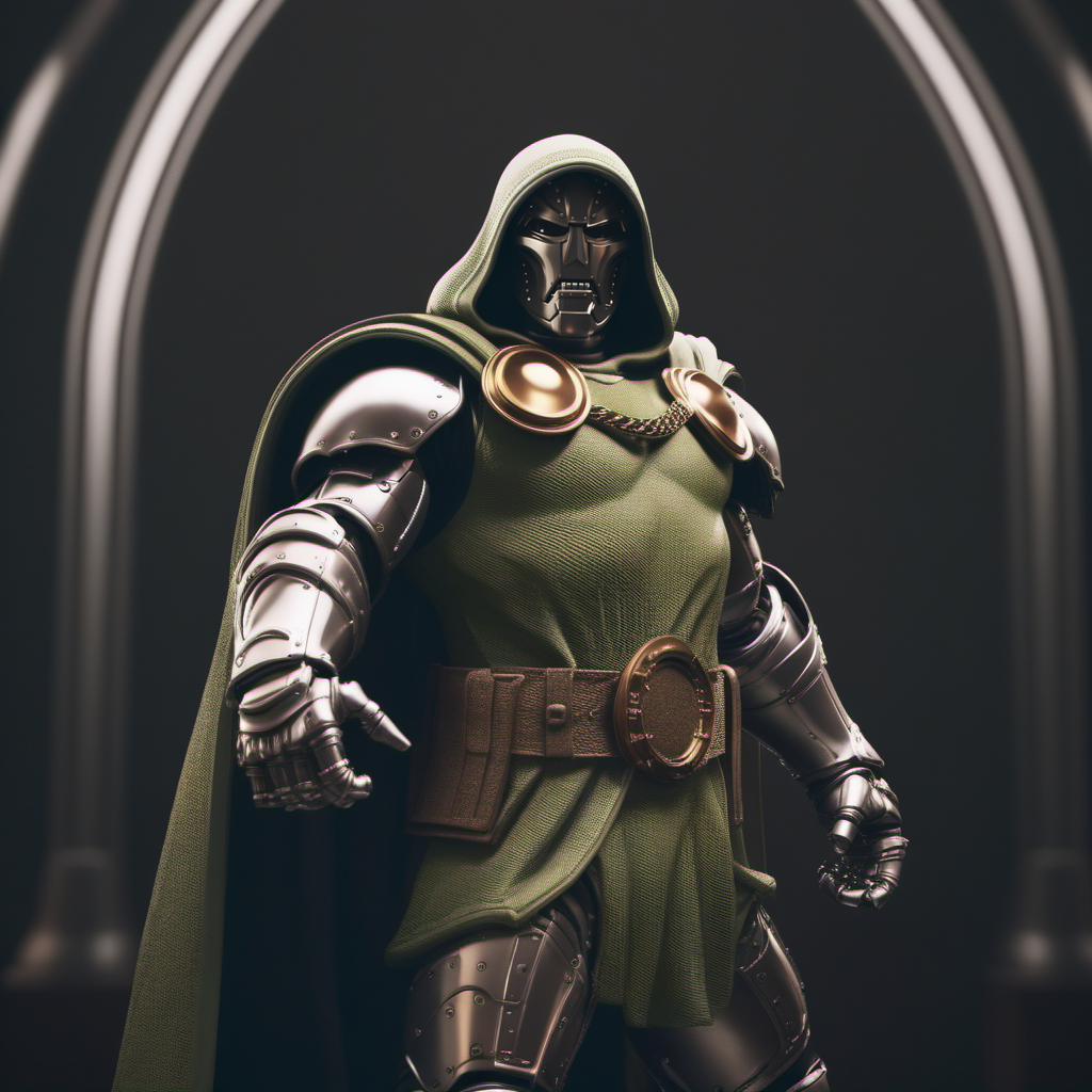 cinematic photo  dr doom, full body,  with an helmet and a hood, futuristic labotary background <lora:DrDoom1024:0.7> . 35mm photograph, film, bokeh, professional, 4k, highly detailed