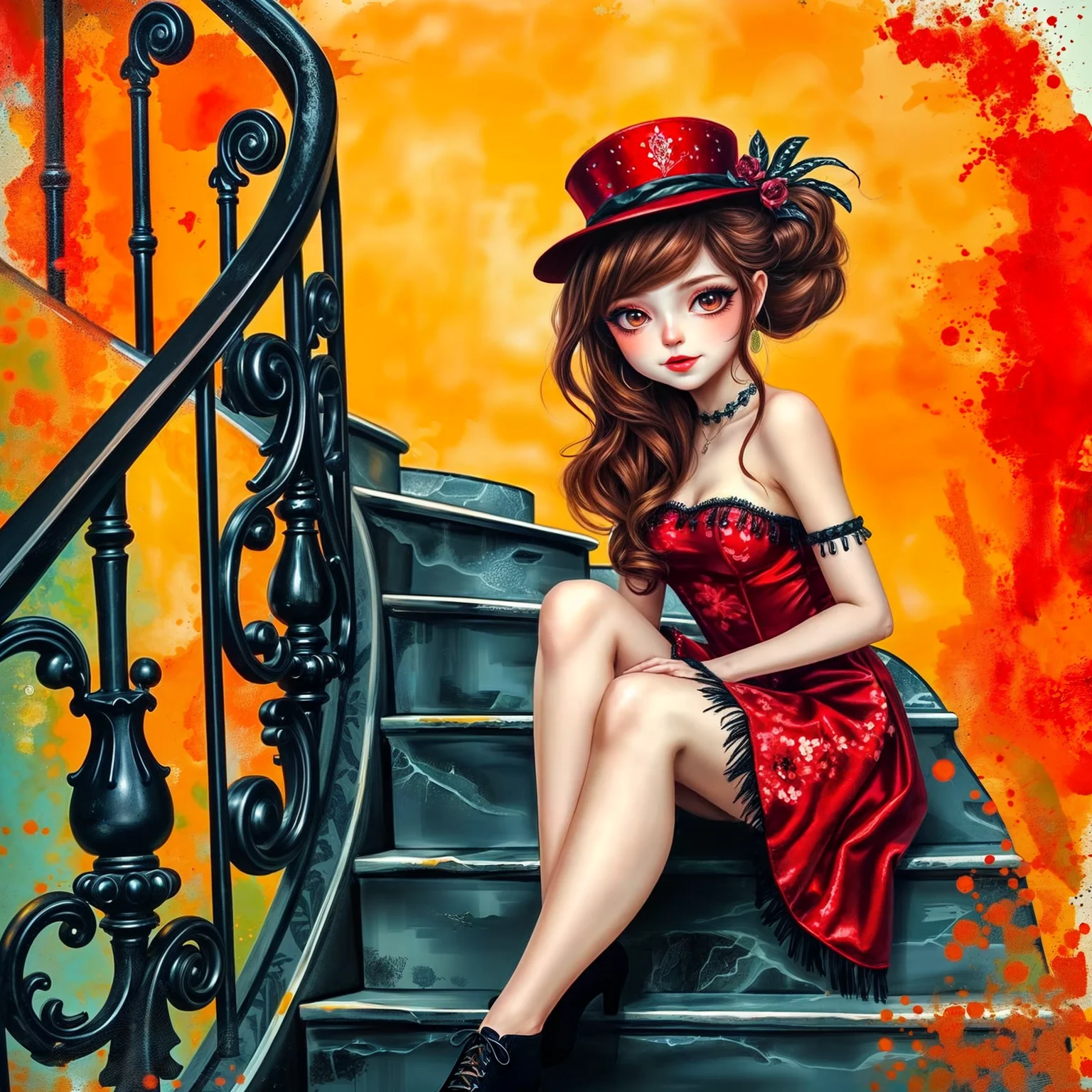 a pretty gothic girl with a mischievous smile with long dark auburn/glitter hair in a loose bun, a small deep red top hat, wearing a shiny deep red sequin dress with black fringed lings, black ankle-laced pumps, she is sitting on the first step of a black marble staircase, detailed wrought iron banister, grunge background in silver, red and black tones, with glitter, watercolor, alcohol ink, a dazzling background