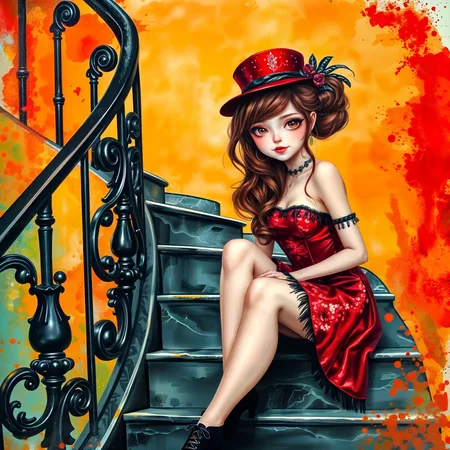 a pretty gothic girl with a mischievous smile with long dark auburn/glitter hair in a loose bun, a small deep red top hat, wearing a shiny deep red sequin dress with black fringed lings, black ankle-laced pumps, she is sitting on the first step of a black marble staircase, detailed wrought iron banister, grunge background in silver, red and black tones, with glitter, watercolor, alcohol ink, a dazzling background