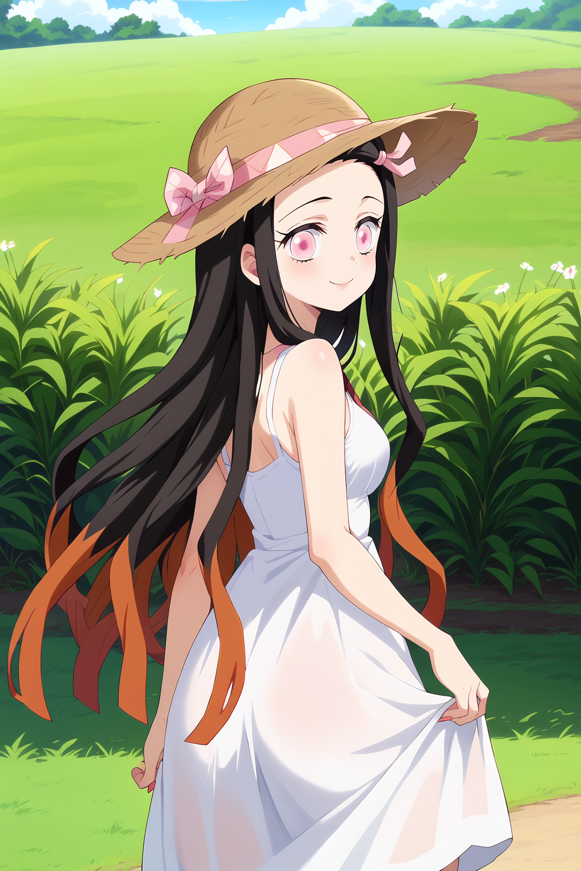 score_9, score_8_up, score_7_up, source anime, prefect lighting, very aesthetic, BREAK, anime screencap, anime coloring,
<lora:kamado_nezuko_v2-pdv6:0.9>, 1girl, kamado nezuko, kimetsu no yaiba, pink eyes, black hair, brown hair, two-tone hair, forehead, 
white sundress, field, day, hat, from behind, looking back, 
BREAK, light smile, (looking at viewer), 
BREAK,