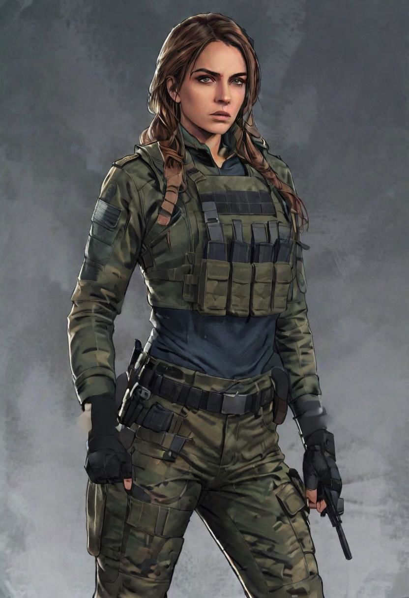 ASCIIa comic book illustration of a woman named Chloe, Intense stare, tactical military clothing