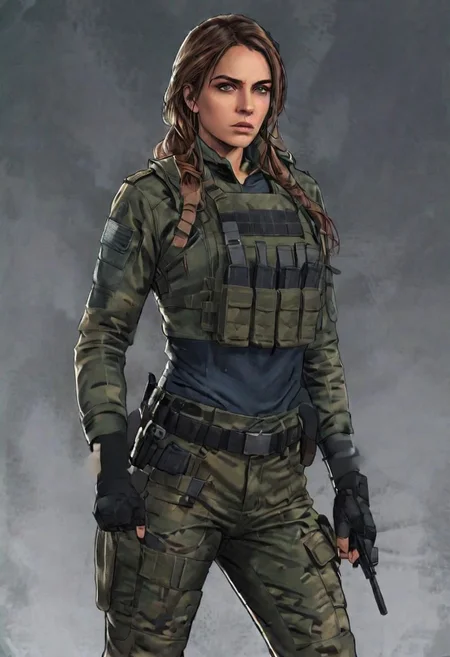 ASCIIa comic book illustration of a woman named Chloe, Intense stare, tactical military clothing