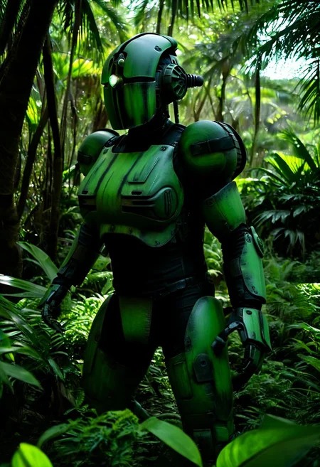 easynegative, extremely detailed, dark, chiaroscuro, low-key, AssaultronCosplay, zavy-strps, a green assaultron robot, the assaultron has black tiger stripes painted on it, tiger stripes, in the jungles of vietnam