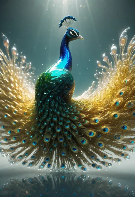 A peacock, an abstract shape, amazingly fluid, made of glass, detailed, 3d fractals, light particles, water drops, shimmering light, surreal, ink, smooth, shimmering, glow, cinematice contrast, Glow,
16k