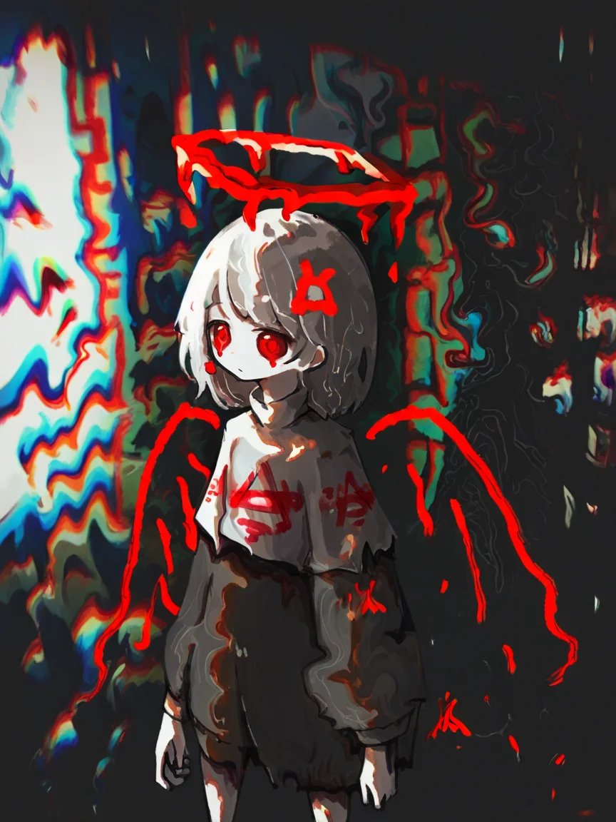 score_9, score_8_up, score_7_up, score_6_up, score_5_up, <lora:UmaiXLP:1> umai, spot color, abstract, red eyes, halo, 1girl
