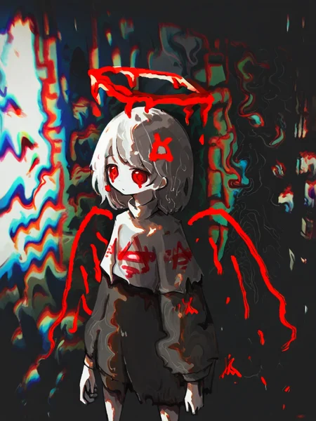 score_9, score_8_up, score_7_up, score_6_up, score_5_up, <lora:UmaiXLP:1> umai, spot color, abstract, red eyes, halo, 1girl
