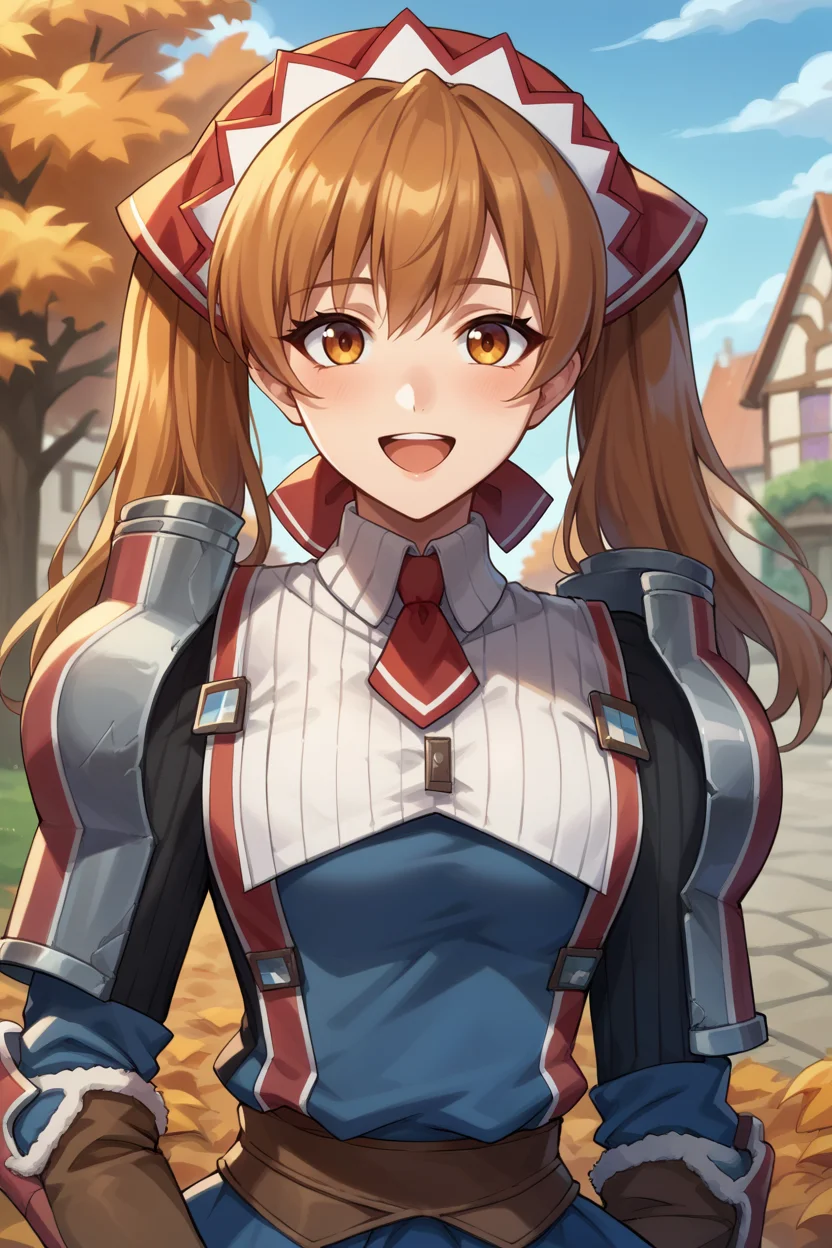 score_9, score_8_up, score_7_up, score_6_up, source_anime, BREAK 1girl, solo <lora:vcalicia-pdxl-nvwls-v1-000006:1> vcAlicia, headdress, blue shirt, armor, blue skirt, gloves, thighhighs, autumn, village, looking at you, upper body, happy