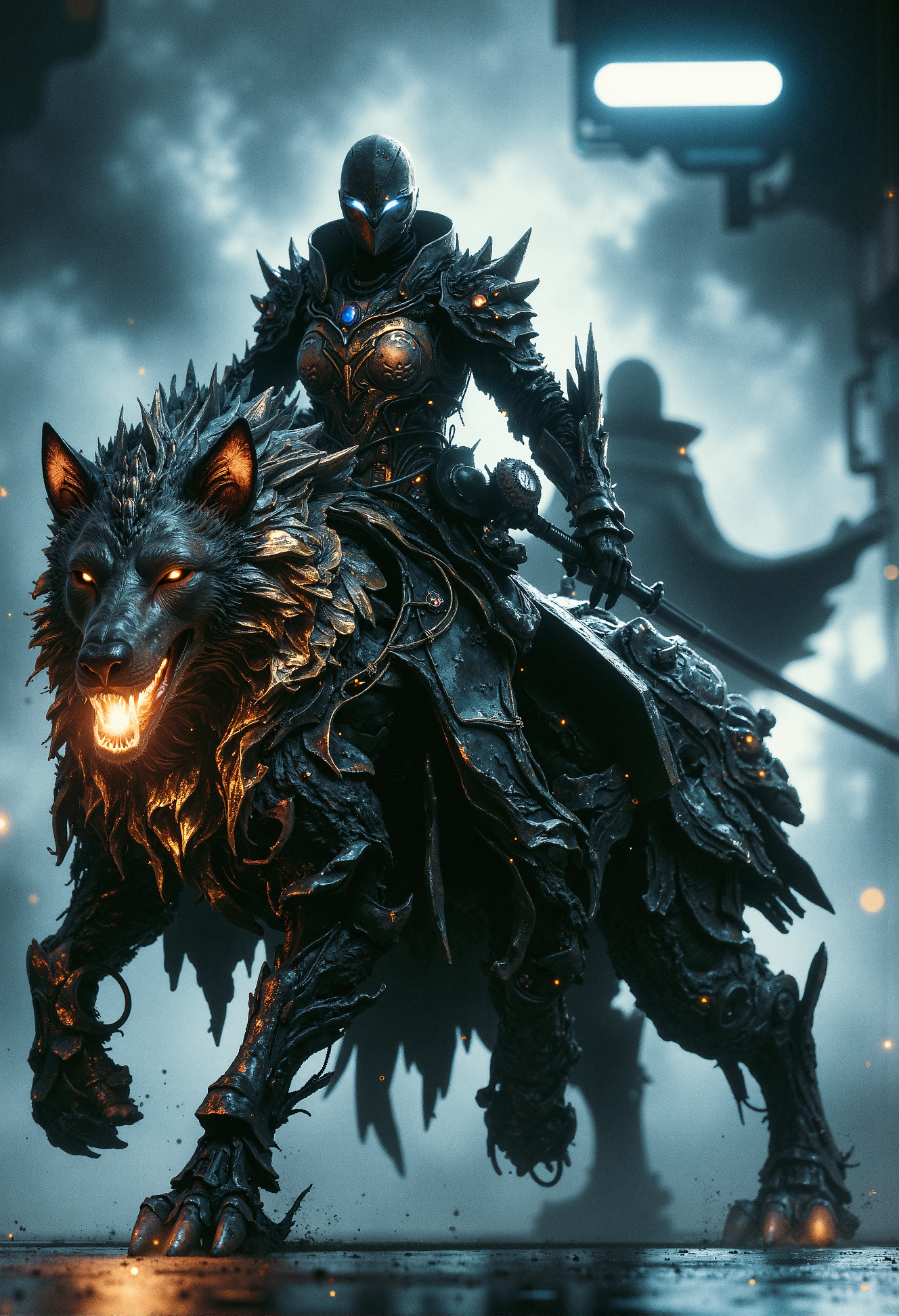 Futuristic rider, piloting a massive robotic wolf, neon lights reflecting on her armor, urban battlefield, mid-charge pose <lora:flux_sparklycism.safetensors:0.5>, <lora:Dever_Flux_Enhancer.safetensors:0.5>,  <lora:Elden_Ring_-_Yoshitaka_Amano.safetensors:1.0>,   <lora:Movie_Portrait.safetensors:0.6>,  <lora:- Flux1 - soothing_atmo_V2.0.safetensors:0.3>,  <lora:lith_mimosa_kiel_grw134_FLUX.safetensors:0.5>,