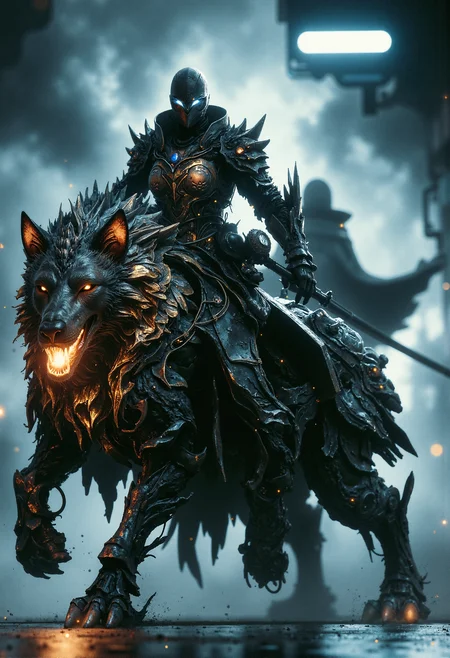 Futuristic rider, piloting a massive robotic wolf, neon lights reflecting on her armor, urban battlefield, mid-charge pose <lora:flux_sparklycism.safetensors:0.5>, <lora:Dever_Flux_Enhancer.safetensors:0.5>, <lora:Elden_Ring_-_Yoshitaka_Amano.safetensors:1.0>, <lora:Movie_Portrait.safetensors:0.6>, <lora:- Flux1 - soothing_atmo_V2.0.safetensors:0.3>, <lora:lith_mimosa_kiel_grw134_FLUX.safetensors:0.5>,