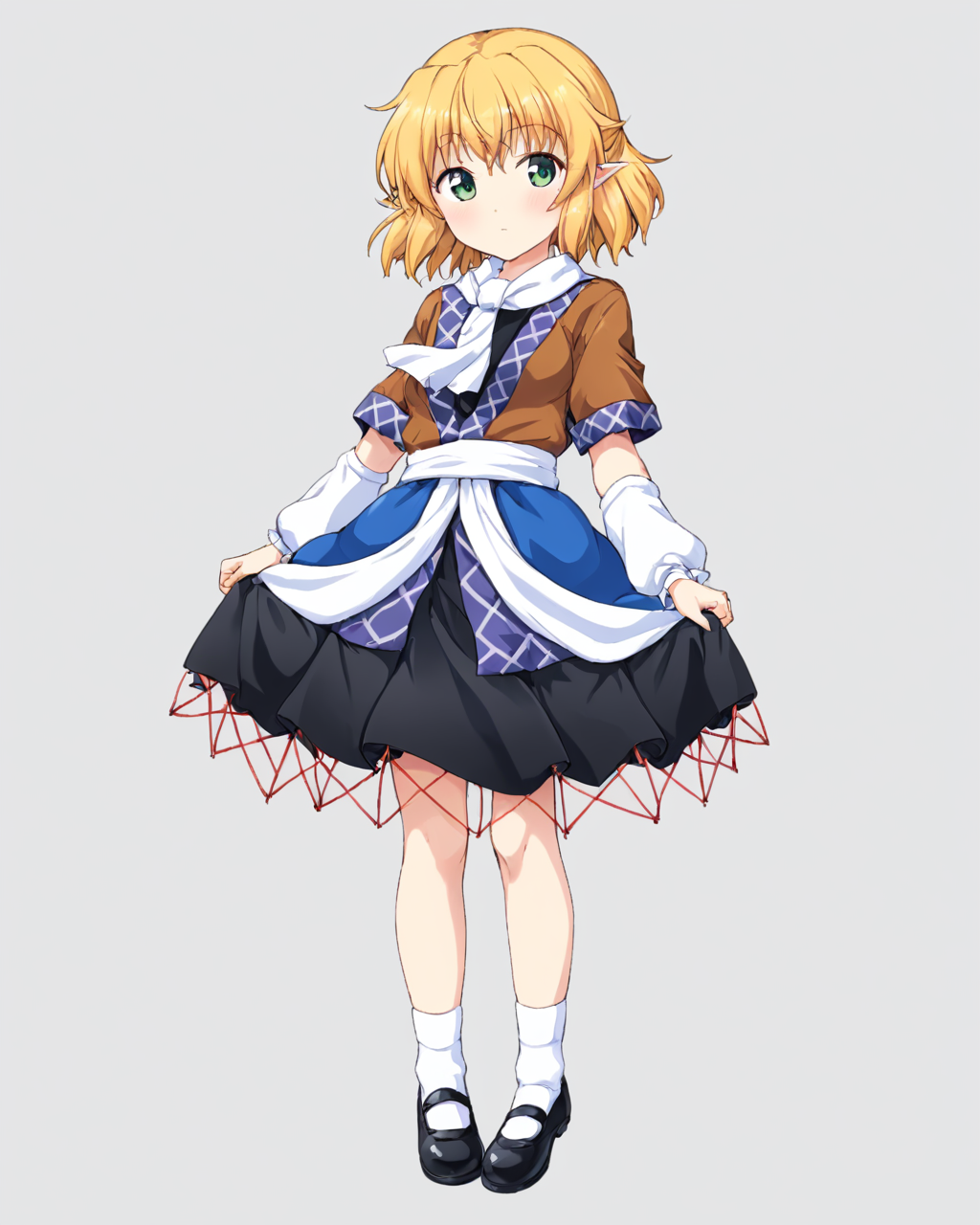 mizuhashi parsee,1girl, solo, arm_warmers, white_scarf, short_sleeves, mary_janes, closed_mouth, white_sash, black_footwear, full_body, medium_breasts, looking_at_viewer, black_skirt, simple_background, brown_jacket, white_socks, blush, multicolored_clothes, brown_shirt, white_background
<lora:mizuhashi_parsee_image5693_2023-12-17-000005:1>,star-shaped_pupils,symbol-shaped_pupils,. gorgeous,key visual, vibrant, studio anime,award-winning, professional, highly detailed,high budget, cinemascope