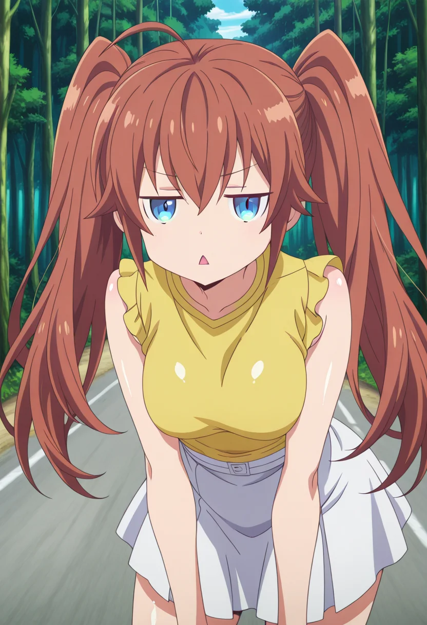 anime screencap, anime coloring, anime colored background, detailed background, detailed face, shiny skin, shiny hair, absurdes, highres, dynamic pose, masterpiece, best quality, official art, cel shaded, graphic illustration, digital painting, CGI, very detailed, amazing quality, intricate details, dynamic pose, HDR, UHD, 8K, Fineline illustration, Highly detailed, ultra-fine painting, sharp focus, Professional, Vivid Colors
BREAK
<lora:Sutea_Koroya:1>, Sutea Koroya, 1girl, solo, long hair, brown hair, hair between eyes, bangs, hair up, twintails, sidelocks, ahoge, blue eyes, medium breasts, yellow shirt, sleeveless, white skirt, standing, looking at viewer, jitome, triangle mouth
BREAK
outside, forest, street, daytime, close-up, <lora:hand 5.5:1> <lora:DetailedEyes_V3:1> <lora:add-detail-xl:1>