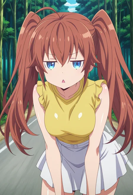 anime screencap, anime coloring, anime colored background, detailed background, detailed face, shiny skin, shiny hair, absurdes, highres, dynamic pose, masterpiece, best quality, official art, cel shaded, graphic illustration, digital painting, CGI, very detailed, amazing quality, intricate details, dynamic pose, HDR, UHD, 8K, Fineline illustration, Highly detailed, ultra-fine painting, sharp focus, Professional, Vivid Colors
BREAK
<lora:Sutea_Koroya:1>, Sutea Koroya, 1girl, solo, long hair, brown hair, hair between eyes, bangs, hair up, twintails, sidelocks, ahoge, blue eyes, medium breasts, yellow shirt, sleeveless, white skirt, standing, looking at viewer, jitome, triangle mouth
BREAK
outside, forest, street, daytime, close-up, <lora:hand 5.5:1> <lora:DetailedEyes_V3:1> <lora:add-detail-xl:1>