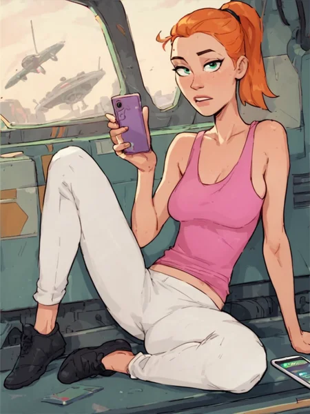 , looking at viewer, spacecraft,<lora:SummerPony1.0:0.65>,summer.smith, orange hair, 1girl, ponytail, solo, pink tank top, white pants, phone,text messaging,black footwear, score_9, score_8_up, score_7_up, score_6_up
