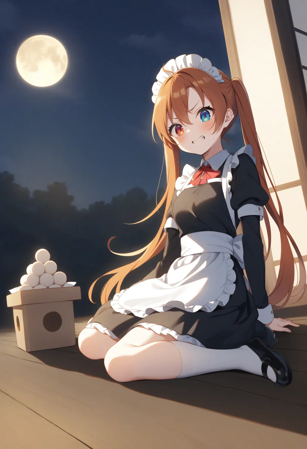 1girl,sincos, ningen mame, toosaka asagi,solo,medium breasts,20yo,maid,maid headdress,
tsukimi, full moon, tsukimi dango, sanbou, night, night sky, susuki grass, outdoors,<lora:tsukimi_XL_v1:0.8>
full body, wide shot,
from side, looking at viewer, orange hair, heterochromia,clenched teeth, closed mouth, tri tails hair,,
best quality, very aesthetic, absurdres