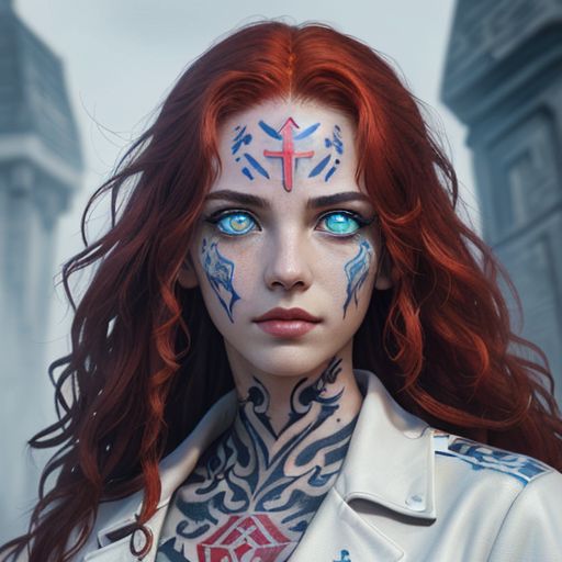 bright red hair, human female, (feminine:1.7), (beautiful face, detailed face:1.6), (beautiful eyes, detailed eyes:1.7), (looking at viewer, eye contact, intense:1.6), (long hair, red hair, curly hair:1.3), , ((masterpiece, best quality, high resolution, realistic, best quality,)), photo realistic, Perfect Face, (detailed face). <lora:GoodHands-vanilla:0.6> <lora:add-detail-xl:0.8>, mage, (Dress White military uniform coat), dagger, rune dagger, glowing runes, , (((glowing magic symbols tattoos, religious tattoos))), ((face tattoos)), glowing tattoos, stone tower in the background