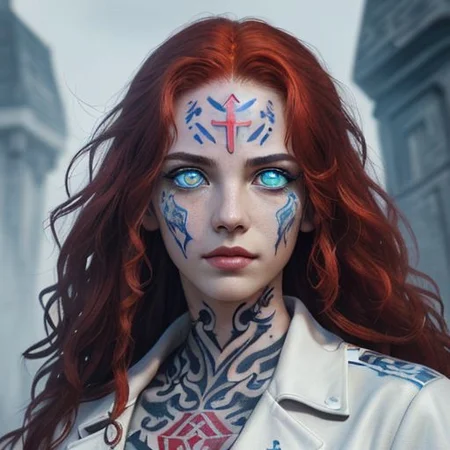 bright red hair, human female, (feminine:1.7), (beautiful face, detailed face:1.6), (beautiful eyes, detailed eyes:1.7), (looking at viewer, eye contact, intense:1.6), (long hair, red hair, curly hair:1.3), , ((masterpiece, best quality, high resolution, realistic, best quality,)), photo realistic, Perfect Face, (detailed face). <lora:GoodHands-vanilla:0.6> <lora:add-detail-xl:0.8>, mage, (Dress White military uniform coat), dagger, rune dagger, glowing runes, , (((glowing magic symbols tattoos, religious tattoos))), ((face tattoos)), glowing tattoos, stone tower in the background