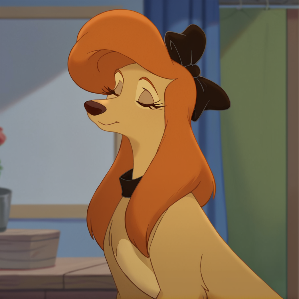 score_9, score_8_up, score_7_up, score_6_up, score_5_up, score_4_up,  <lora:Dixie:1>, dixiedog, 1girl, solo, long hair, bow, closed mouth, closed eyes, indoors, blurry, hair bow, eyelashes, no humans, blurry background, furry, retro artstyle, dog, body fur, brown fur, animal, black bow, orange hair