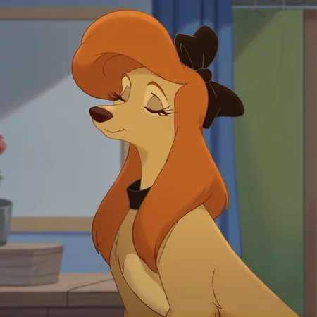 score_9, score_8_up, score_7_up, score_6_up, score_5_up, score_4_up, <lora:Dixie:1>, dixiedog, 1girl, solo, long hair, bow, closed mouth, closed eyes, indoors, blurry, hair bow, eyelashes, no humans, blurry background, furry, retro artstyle, dog, body fur, brown fur, animal, black bow, orange hair