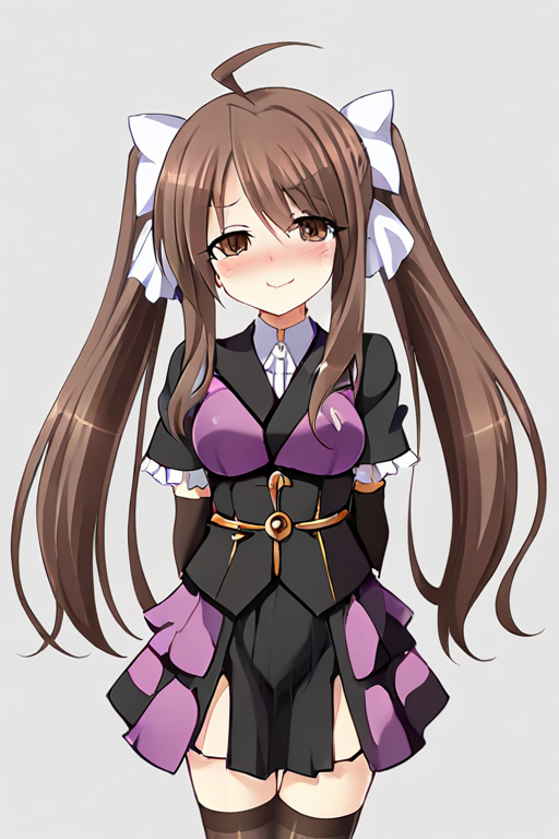 (((masterpiece))),((best quality)),<lora:Quan_XL:0.3>,1girl,solo,twintails,(blush),long hair,white bow,ahoge,medium breasts,white background,looking at viewer,incredibly absurdres,smirk,(corruption:0.9),<lora:wy3:0.9>,<lora:DetailedEyes_V3:1>,arms_behind_back,cowboy_shot,adorable_girl,(brown hair:1.1),black thighhighs,brown eyes,<lora:add-detail-xl:1>,<lora:flat_sdxl:1>,print_kimono,