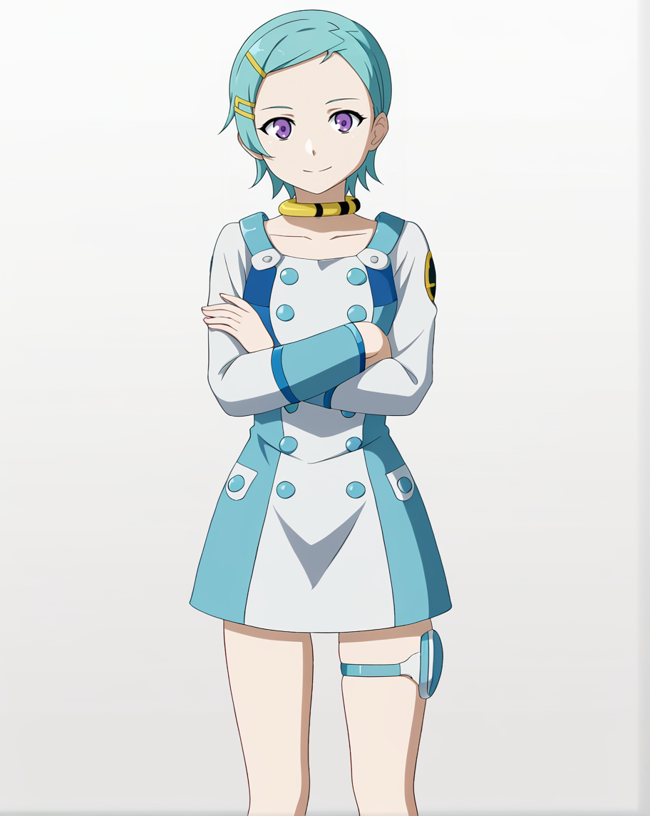 1girl, E7E, solo, purple eyes, short hair, aqua hair, collar, hairclip, DefaultEureka, white dress, blue dress, thigh strap, knee boots, white footwear, <lora:Eureka - Eureka Seven V4-000012:0.9>, standing, white background, looking at viewer,crossed arms, facing viewer, smile, feet out of frame