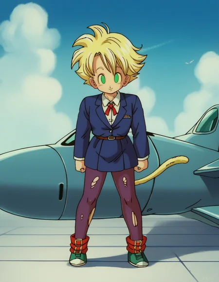 zPDXL, score_9, score_8_up, score_7_up, score_6_up, score_5_up, 4k, absurdres, looking at viewer, <lora:Perfect Hands:0.8> Perfect Hands, 1girl, solo,
seductive smile, airplane_arms, blazer, tailored-skirt, oxford-shoes, sheer-black-pantyhose,
<lora:EarlyAkira_v4:0.9> drgbls1, retro artstyle, 1980s \(style\), anime coloring, torn clothes,, <lora:Parsleah_v1:0.8> parsleahssj, blonde hair, short hair, spiked hair, super saiyan, green eyes, no pupils, (monkey tail, yellow tail), small breasts