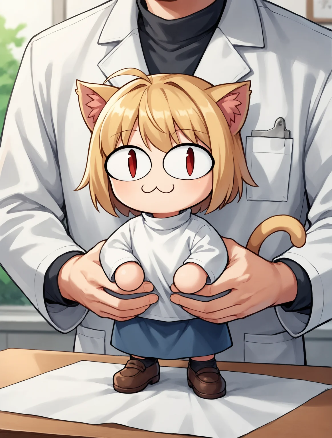 score_9, score_8_up, score_7_up, score_6_up, source_anime, BREAK
vetcheck, male, human, face out of frame, veterinarian, lab coat, inspection, hands, holding animal, animal focus, inspection table, <lora:Veterinarian_inspection:0.55>,
BREAK <lora:necoarc-guy-PONYv1_1:1> necoarc, :3, slit pupils, red eyes, blonde hair, cat ear, closed mouth, turtleneck shirt, blue skirt, brown footwear,