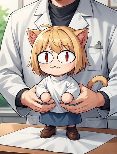 score_9, score_8_up, score_7_up, score_6_up, source_anime, BREAK
vetcheck, male, human, face out of frame, veterinarian, lab coat, inspection, hands, holding animal, animal focus, inspection table, <lora:Veterinarian_inspection:0.55>,
BREAK <lora:necoarc-guy-PONYv1_1:1> necoarc, :3, slit pupils, red eyes, blonde hair, cat ear, closed mouth, turtleneck shirt, blue skirt, brown footwear,