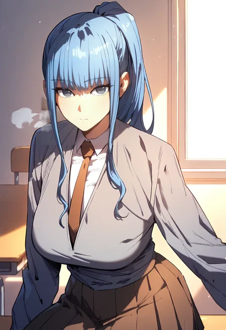 score_9, score_8_up, score_7_up, score_6_up, source_anime, rating_explicit, 1girl, solo, huge breasts, <lora:Im a-yeongponyxl:1> ponytail, long hair, blue hair, sidelocks, blue eyes, grey eyes, white shirt, collared shirt, grey jacket, brown necktie, pleated skirt, brown skirt, expressionless, Narrow shoulders, heavy breathing, steaming body, classroom, indoors, looking at viewer, close-up