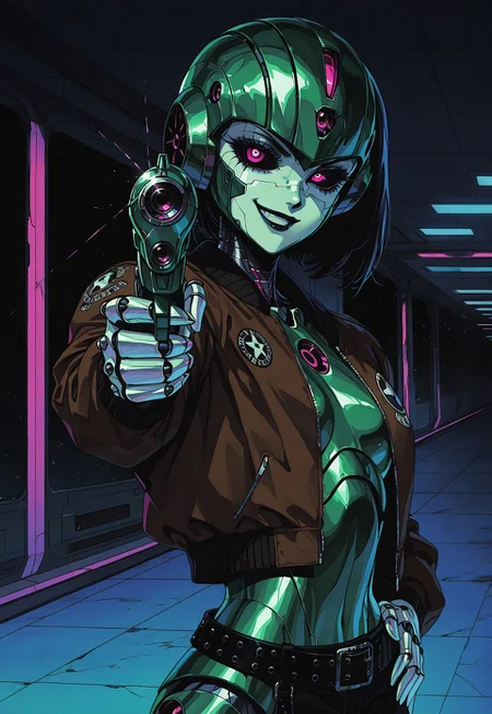 masterpiece, best quality, amazing quality, high resolution, aesthetic, 1girl, (robot girl:1.5), (robot face:1.3), pilot, brown bomber jacket, green metal body, retro sci-fi, smirk, atompunk style, tomboy, retro futurism, black sclera, belt, silver ray gun, small gun, punk, DRKWB, aiming gun,  side view, hand on hip, spaceship boarding ramp, outdoor landing pad, upper body, 15546+456868