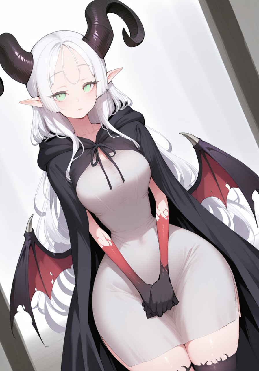 1girl, black cloak, black hands, cloak, colored extremities, demon girl, demon horns, demon wings, green eyes, hair around horn, horns, long hair, looking at viewer, pointy ears, solo, very long robe, white hair, wings, BREAK character_concept, cowboy_shot, (dutch_angle:1.25), masterpiece, best quality, amazing quality, very aesthetic, absurdres, modern, recent, newest, <lora:AomizuanV2_IL_Style_epoch_7:1> 40mizu4nV2