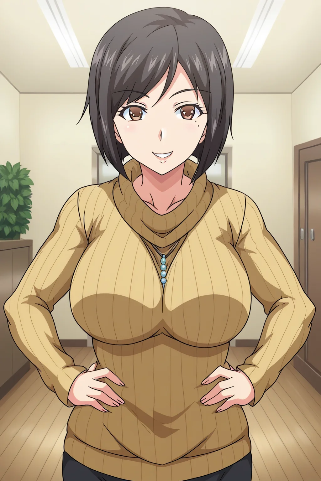<lora:Ruiko_Okabe_-_Kyonyuu_Kazoku_Saimin:0.8>,okabe,1girl,short hair,black hair,brown eyes,breasts,mole under eye,necklace,sweater,skirt,cowboy shot,hands on own hips,looking at viewer,indoors,smile