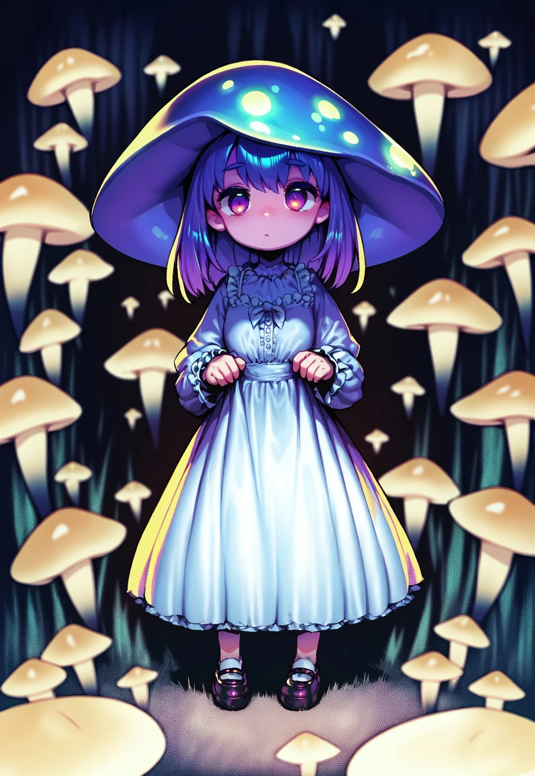 score_9, score_8_up, score_7_up, score_6_up, <lora:GyokaiXL_P6_lokr_V53P1:0.95>, extremely detailed, source_anime, night time, solo, dark background, mini girl, mushroom girl, beautiful face, mushroom head, tree canopy, sleepy expression, (mystical forest background), looking, pose, mary janes, (glowing mushrooms), standing on stump, cute flowing dress, surrounded by mushrooms,