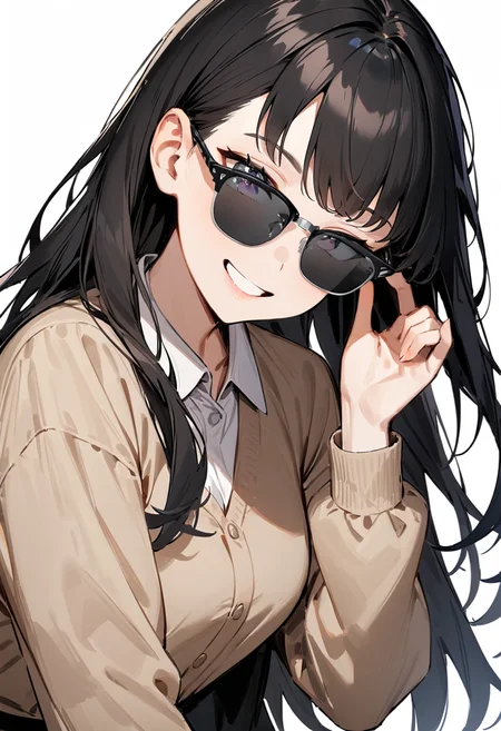masterpiece, best quality, very aesthetic, absurdres,
1girl, solo, black hair, long hair,
sirmont, sunglasses, grey-tinted eyewear, black-framed eyewear, grey-framed eyewear, two-tone eyewear,
collared shirt, happy, smile, looking at viewer, adjusting eyewear, white background, simple background,
<lora:sunglasses_CLUBMASTER_SDXL_V1:1>