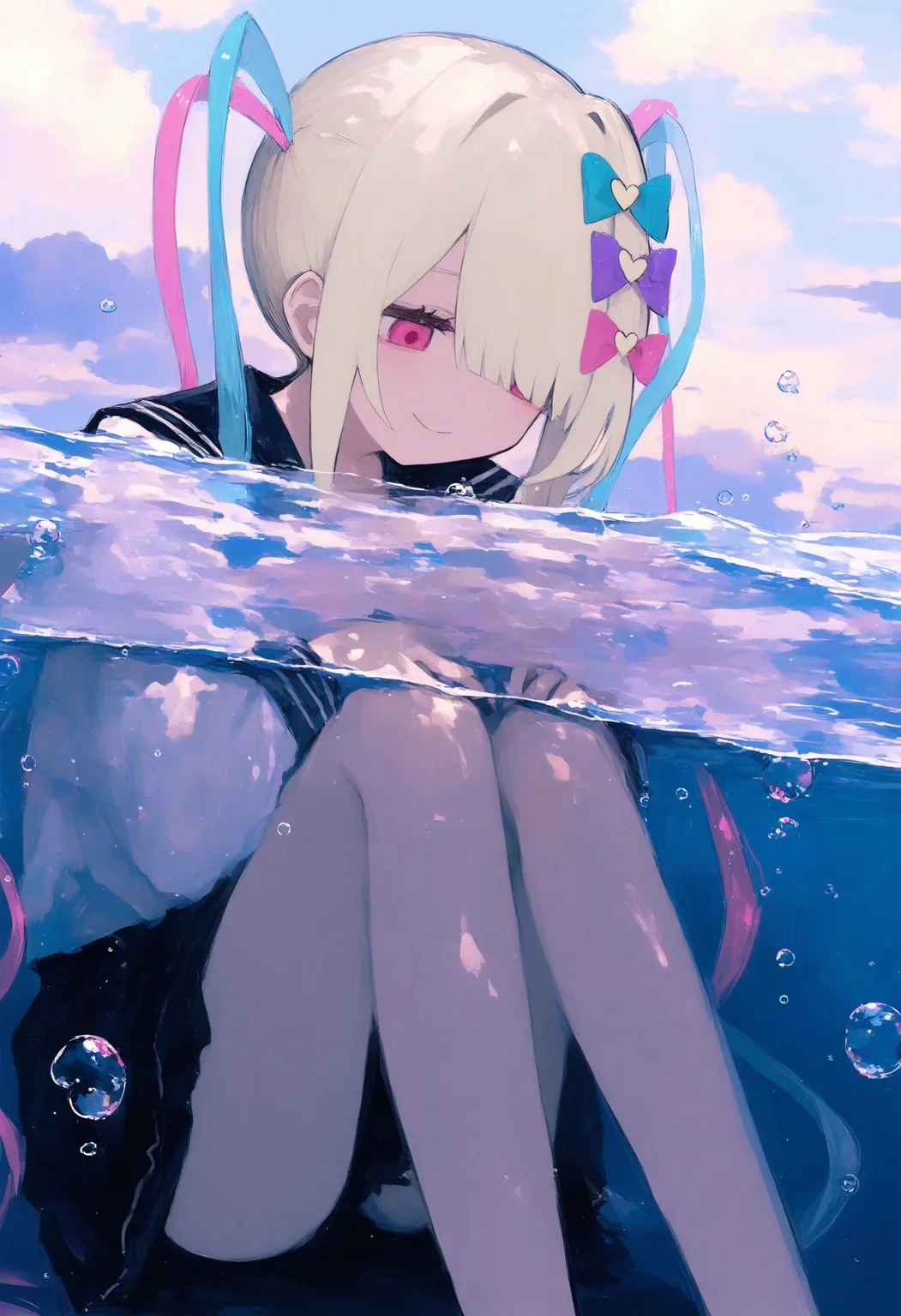 1girl,
very awa, 748cm, solo, partially underwater shot, skirt, hands on own knees, school uniform, hair over one eye, long sleeves, water, black sailor collar, white shirt, shirt, feet out of frame, black skirt, cloud, long hair, serafuku, knees up, red eyes, sailor collar, sitting, white hair, closed mouth, bubble, looking down, partially submerged, air bubble, sky, bare legs, smile, pink eyes, water drop, day, outdoors,
a digital illustration by the artist tsukumizu yuu, known for their distinctive style. It features a character named Chouzetsusaikawa Tenshi-chan, who is depicted in a serene underwater scene. She has long, flowing white hair and striking pink eyes, adding to her ethereal appearance. The water around her is clear, with small bubbles rising to the surface, enhancing the tranquil atmosphere of the scene.
masterpiece, best quality, photo-referenced, painting \(medium\)
<lora:748cm-NoobEPS100-lokr-v03-000080:1>