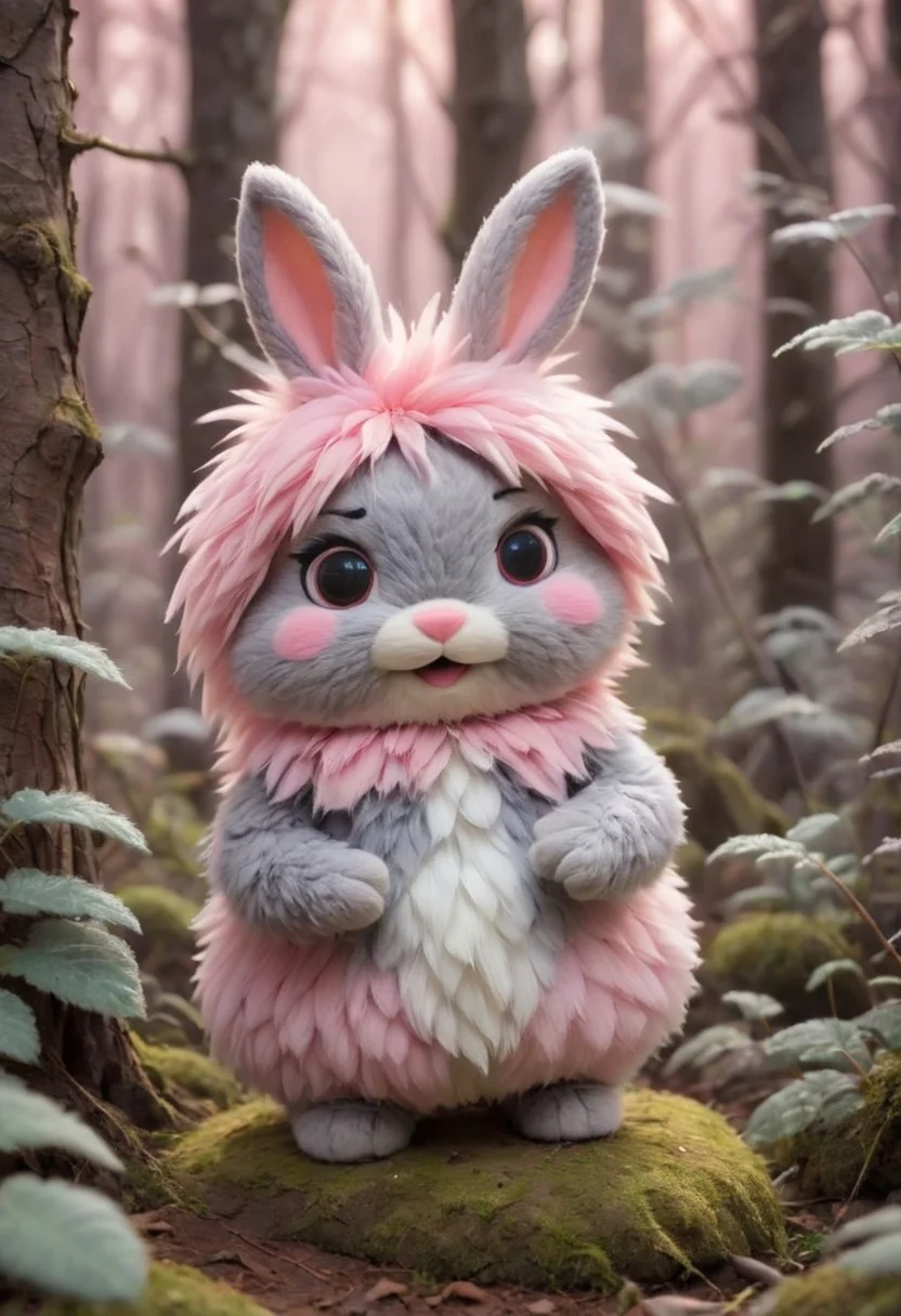 source_anime, Cute wonderful creatures, Microphotography, chibi, cute fluffy rabbits ,pink and grey, in a dreamy forest, ispzxll, In a felt puppet world style,