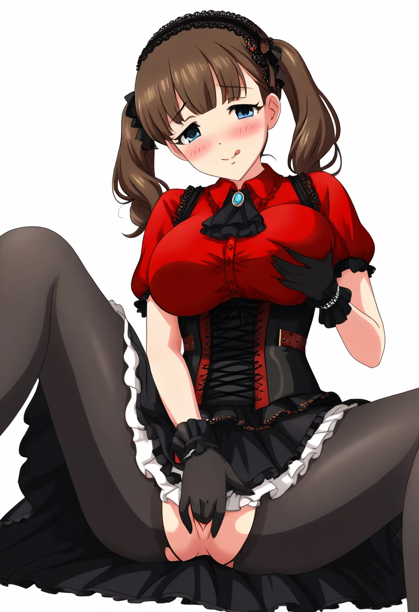source_anime, masterpiece,best quality, highly detailed,cinematic,anime screencap,
<lora:sakumamayu_ponyXLV6:0.8>,cgsmmy,
brown hair,medium hair,blue eyes,twintails ,
hairband,
1 girl,nsfw,white complexion,blushing,uncensored,
solo, :q, licking_lips,closed_mouth,
<lora:saki_blac_cors24:0.8>,dress,black dress,layered dress,skirt,black skirt
layered skirt,frilled skirt,shirt,red shirt,collared shirt,corset,
black gloves,black ascot,
jewelry,brooch,short sleeves,puffy short sleeves,
black pantyhose,frills,
((huge_breasts)),(two breast),no pubic hair,
pussy,
,sitting,masturbation,female masturbation,fingering,spread legs,grabbing own breast,looking at viewer
,(no panties),pussy,skindentation,white background,
