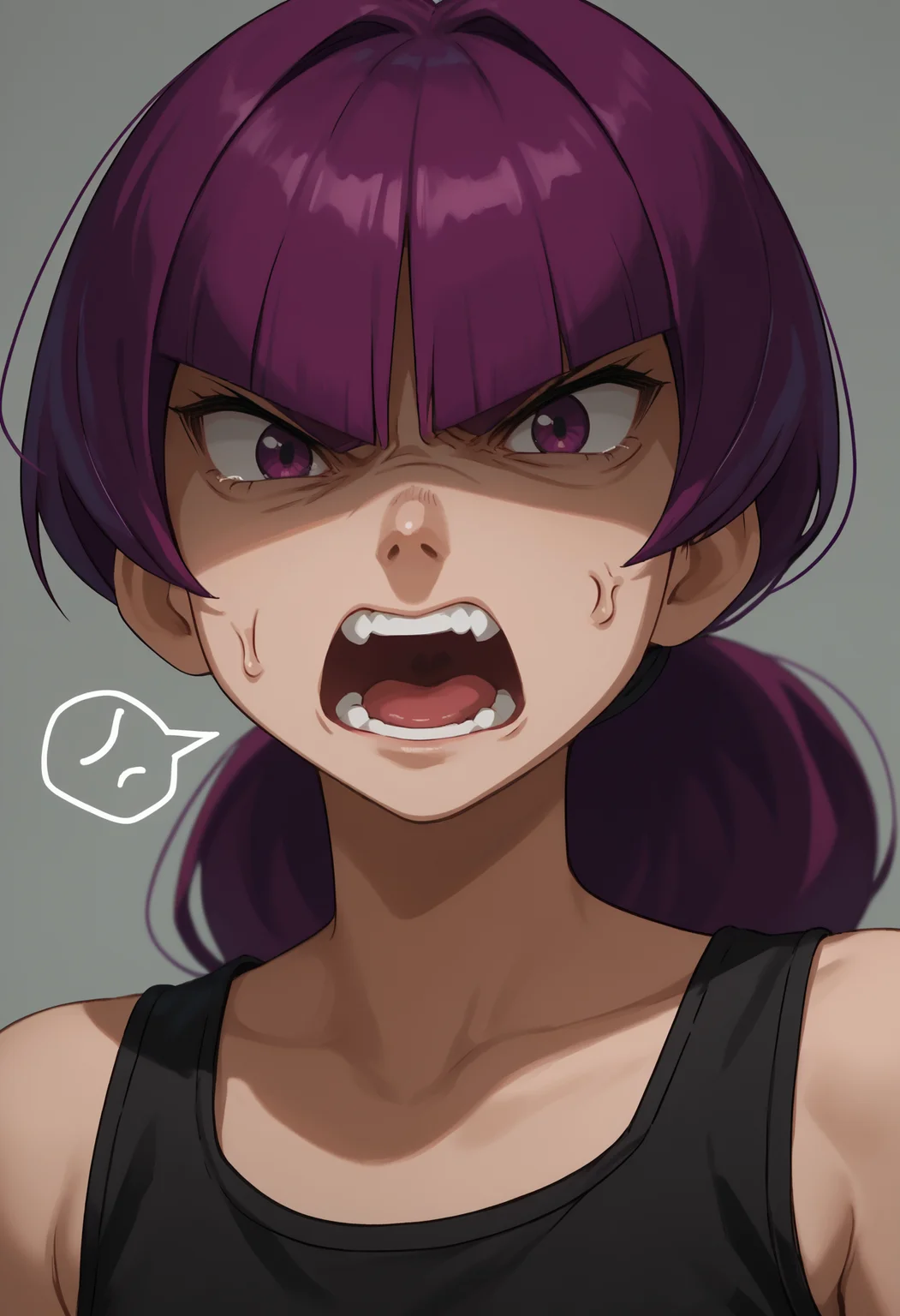 score_9, score_8_up,score_7_up, source_anime, 1girl, solo, <lora:Jptr_pdxl_EliPot:1>, gingadanjupiter, purple hair, purple eyes, medium hair,
black tank top, portrait, shaded face, angry, screaming, anger vein, spoken anger vein,