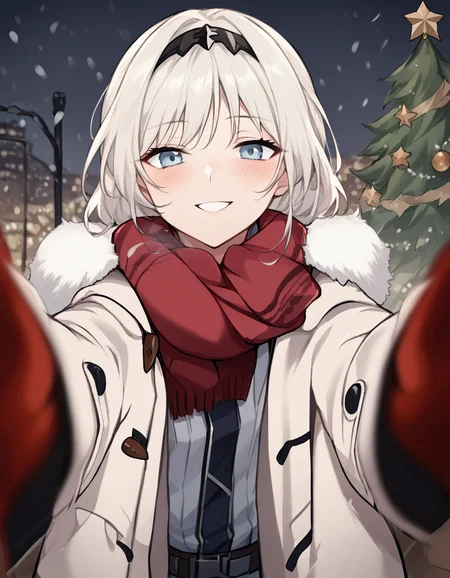 score_9, score_8_up, score_7_up, source_anime, <lora:girlsfrontline-an-94-ponyxl-lora-nochekaiser:1>, an-94, an-94 (girl's frontline), long hair, blue eyes, white hair,, <lora:pov-cheek-warming-ponyxl-lora-nochekaiser:1>, pov cheek warming, pov cheek warming (meme), winter gloves, duffel coat, fur-trimmed scarf, winter clothes, red mittens, meme, winter coat, red scarf, fur-trimmed coat, reaching towards viewer, reaching, mittens, fur-trimmed hood, white coat, open coat, scarf, coat, red gloves, snowing, pov, fur trim, depth of field, smile, blush,, christmas, christmas tree, christmas lights,, , dutch angle, cowboy shot