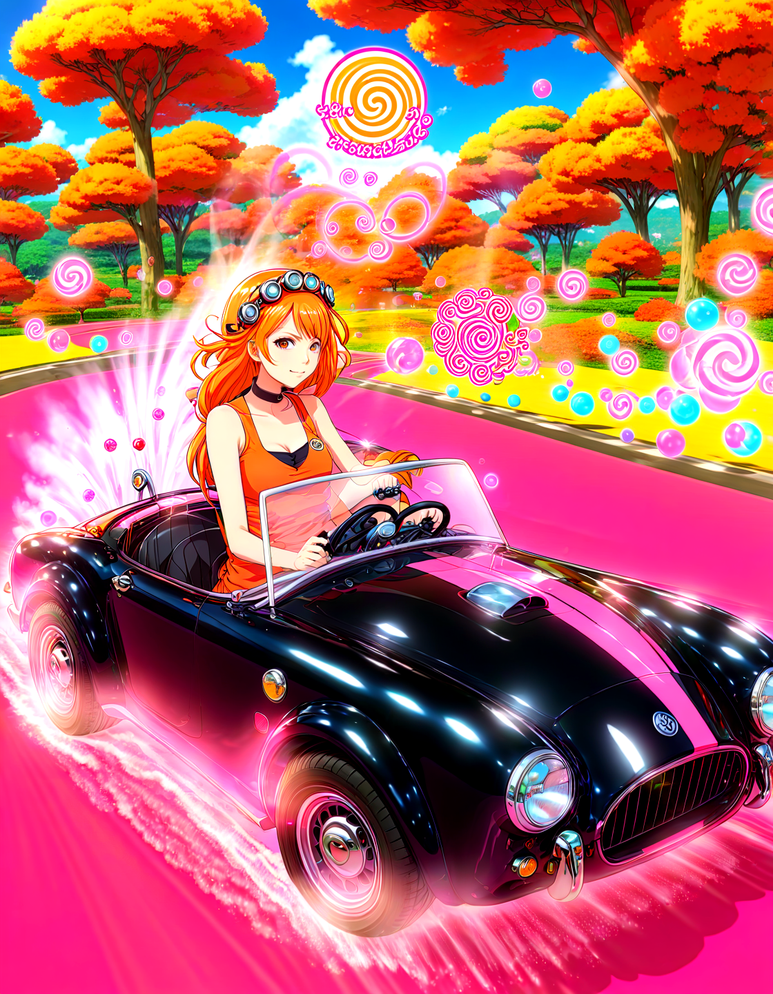 anime artwork Kushina Uzumaki driving a sh3lby car, at wonderland, bubblegum,, . anime style, key visual, vibrant, studio anime,  highly detailed