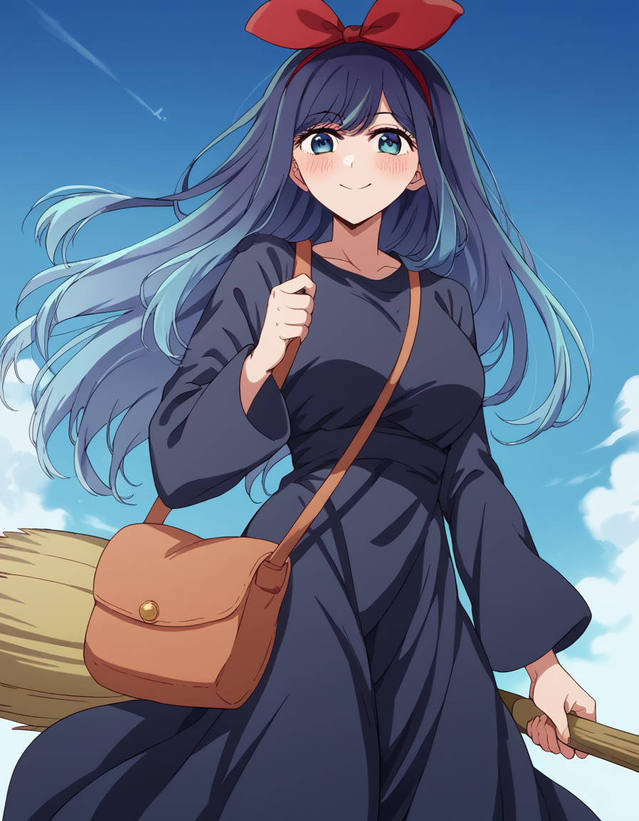 score_9, score_8_up, score_7_up, source_anime, <lora:akane-kurokawa-s2-ponyxl-lora-nochekaiser:1>, akane kurokawa, long hair, bangs, blue eyes, large breasts, black hair, blue hair, multicolored hair, gradient hair,, <lora:witch-kiki-cosplay-ponyxl-lora-nochekaiser:1>, witch kiki cosplay, kiki (majo no takkyuubin) (cosplay), bag, black dress, bow, bow hairband, cosplay dress, hairband, long dress, red bow, red hairband, shoulder bag, sleeves past elbows,, blue sky, broom, broom riding, smile, blush,, cowboy shot, looking at viewer,