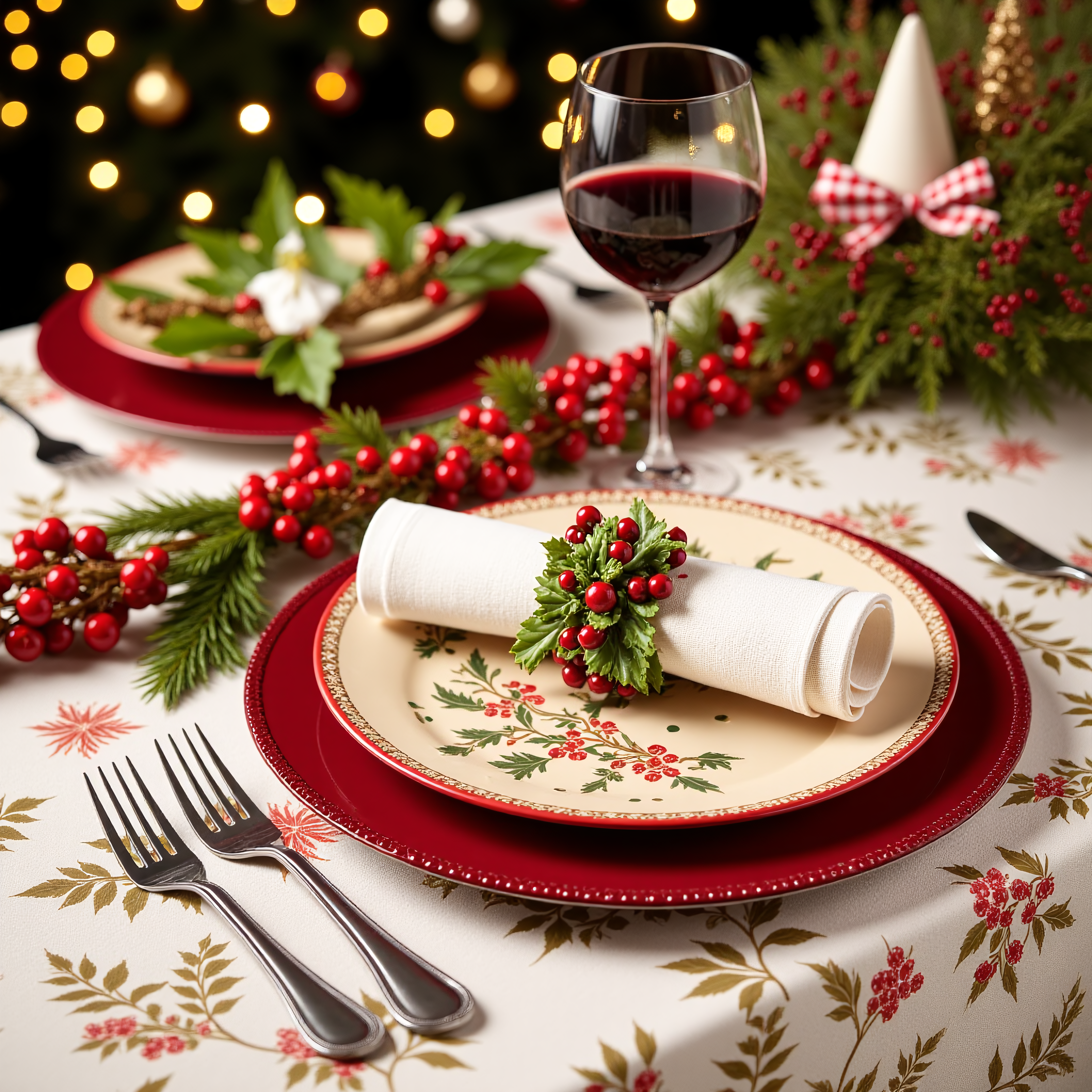 A table setting for a Christmas meal.  Close-up view of a place setting on a white tablecloth with a floral pattern of red flowers and green leaves.  The tablecloth, plates, and napkin ring are decorated with Christmas holly and berries motifs in red, green, and white.  A round, red plate with a beaded edge sits beneath a smaller, similar-patterned dinner plate on which a white napkin is folded and secured with a red napkin ring featuring a cluster of red berries, creating a beautiful visual synergy.  A wine glass filled with red wine is in the background near the place setting. The setting is elegant and festive. The table is adorned with holly sprigs and red berries. Blurred background of a Christmas tree with twinkling lights and a background of greenery. Hyperrealistic aesthetic. Warm red, green, and gold/yellow tones