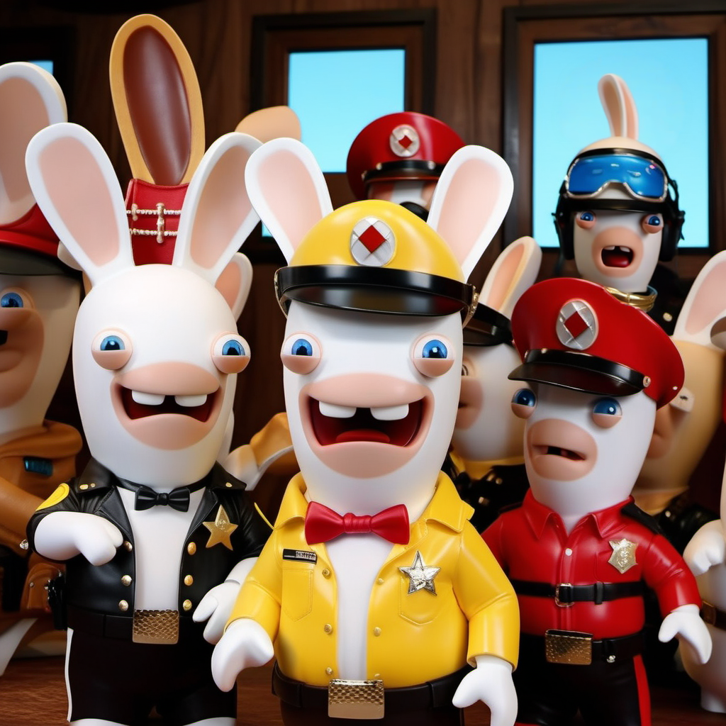 a rabbit dressed as a cowboy, a rabbit dressed as a indian, a rabbit dressed with a latex cap,  a rabbit dressed with a hardhat, a rabbit dressed as a cop,  like the village people band, highly detailed, photography, ultra sharp, film, professional, 64k  <lora:LapinsCrétins1024-000175:0.8> <lora:add-detail-xl:1.5>