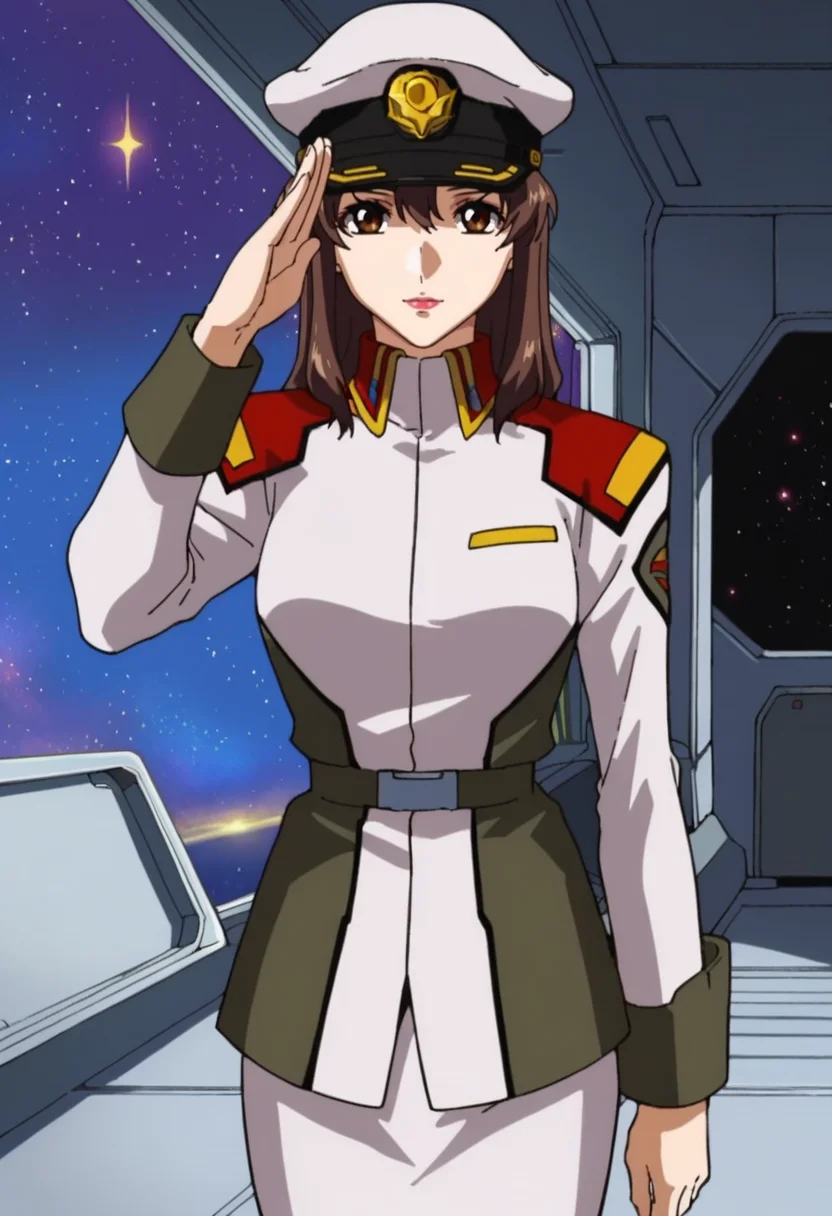 score_9,score_8_up,score_7_up,score_6_up,score_5_up,score_4_up,anime coloring BREAK source_anime,<lora:Murrue_Ramius_Gundam_SEED_Pony:0.8>,murrue,1girl,solo,brown eyes,brown hair,long hair,lipstick,s1 peaked cap,s1jacket,s1skirt,standing,salute,indoors,spacecraft,room,space,star \(sky\),looking_at_viewer,