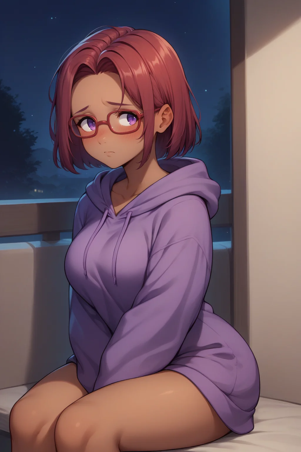 score_9, score_8_up, 1girl, solo, <lora:NSMaruStardew:1> NSMaruStardew, red hair, medium hair, dark skin, purple eyes, glasses, purple hoodie, sleeves past hands, long hoodie, no pants, night, curvy, blush, shy, sitting